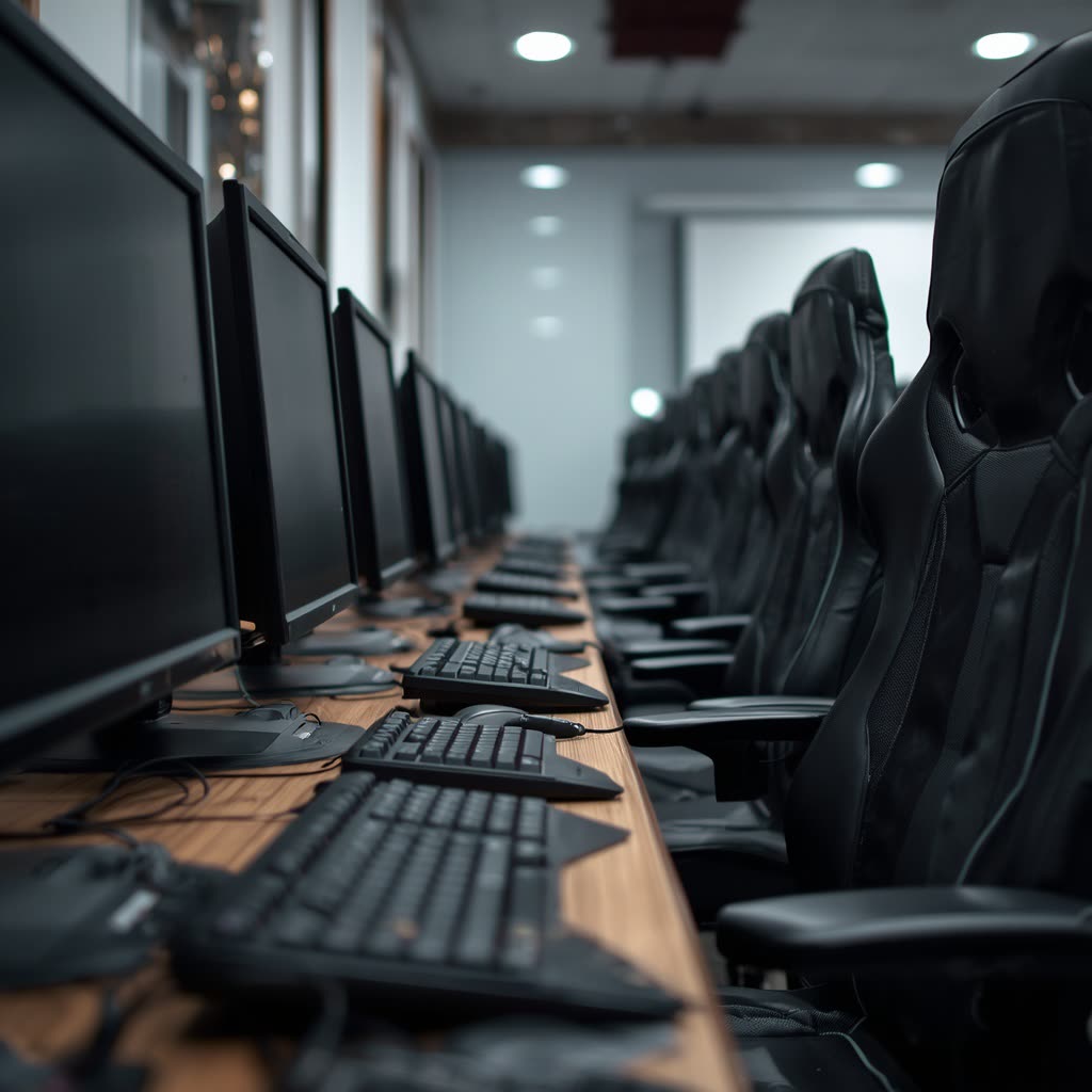 A long row of gaming stations with black monitors and racing chairs receding into a softly lit hall
